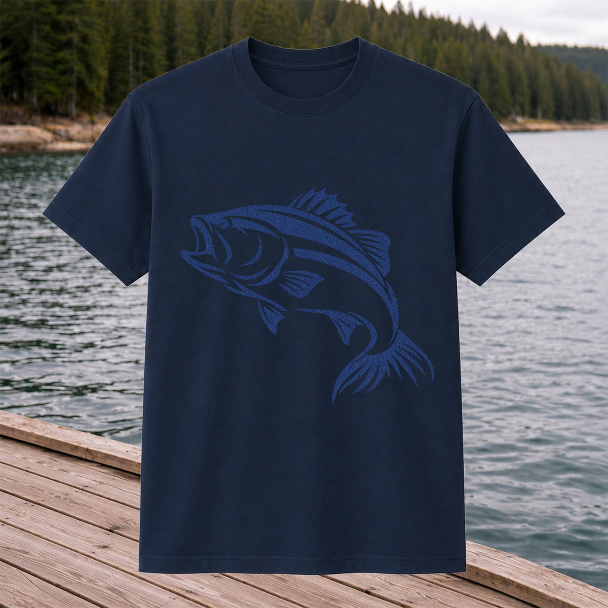Blue Bass Fishing Line Art Graphic T-Shirt