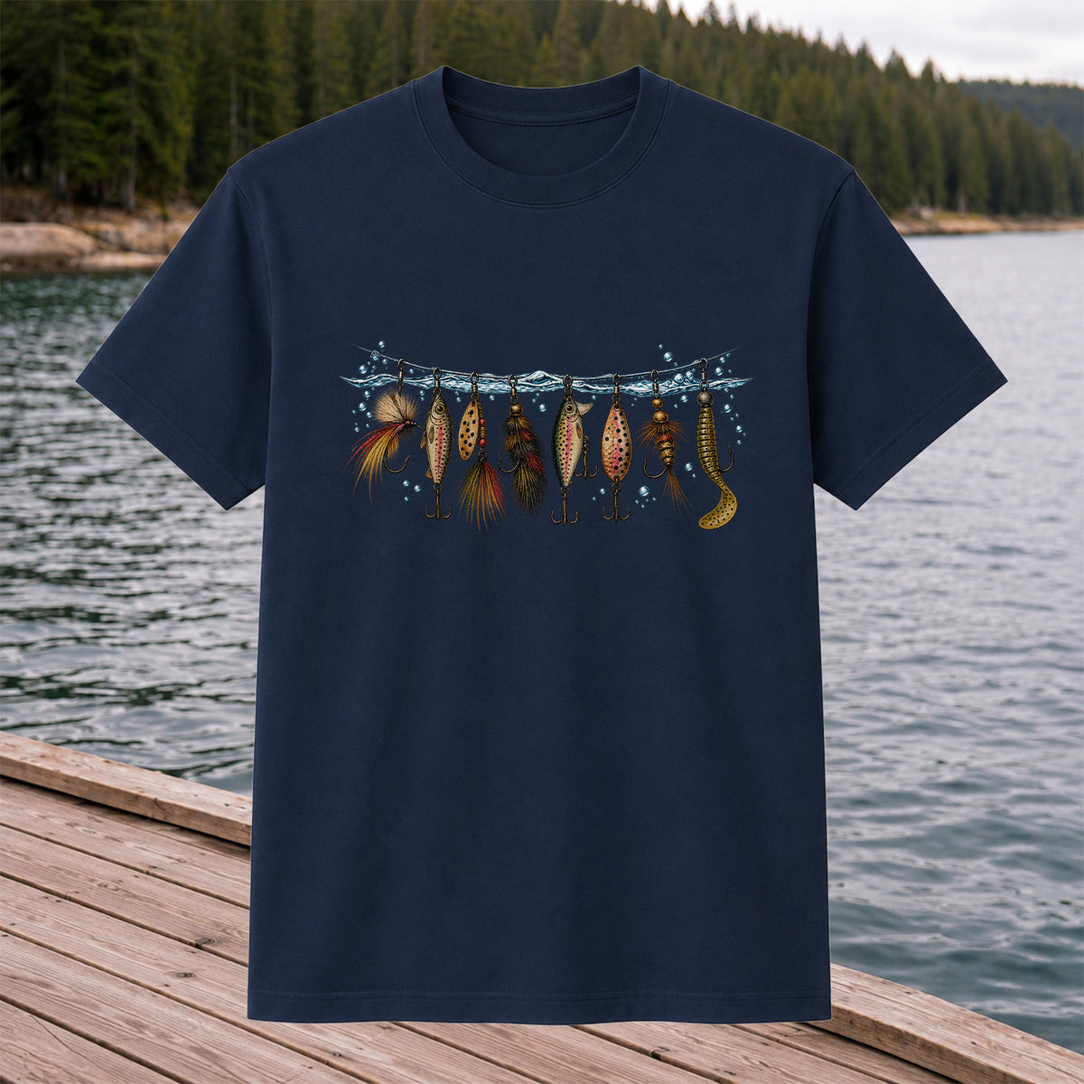 Vintage Fishing Lures Hanging from a Waterline Graphic T-Shirt