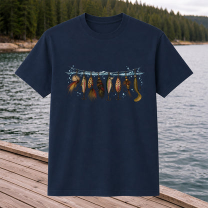 Vintage Fishing Lures Hanging from a Waterline Graphic T-Shirt
