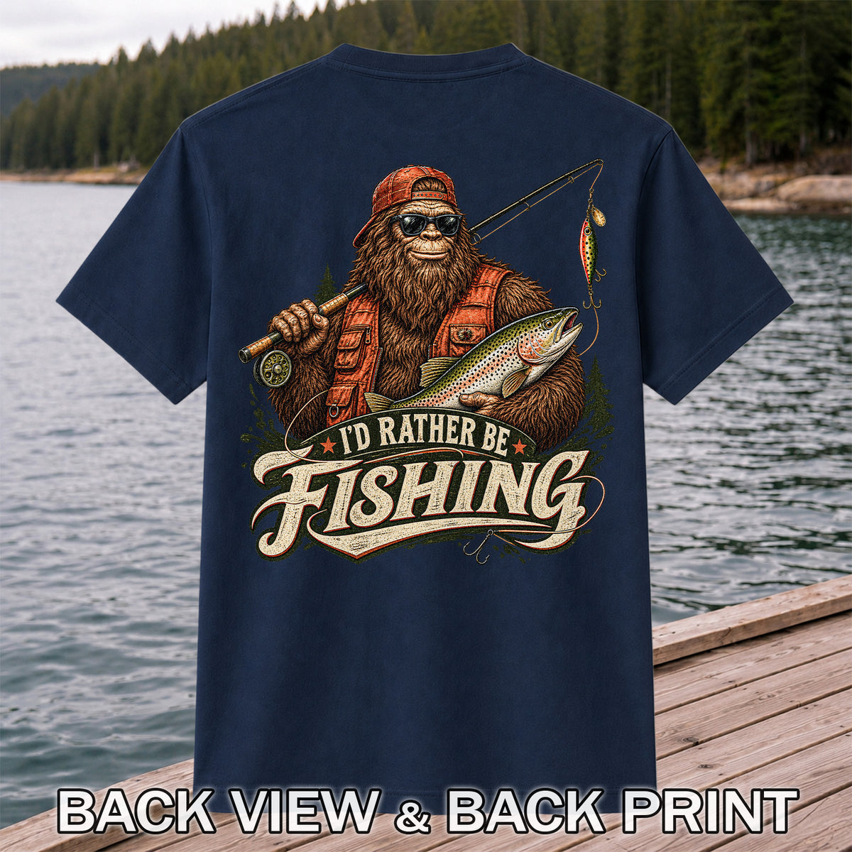 Bigfoot Holding Trout Funny Fishing Graphic T-Shirt | Back Print