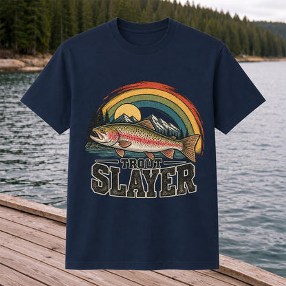 Trout Slayer Rainbow Trout Mountain Fishing Graphic T-Shirt