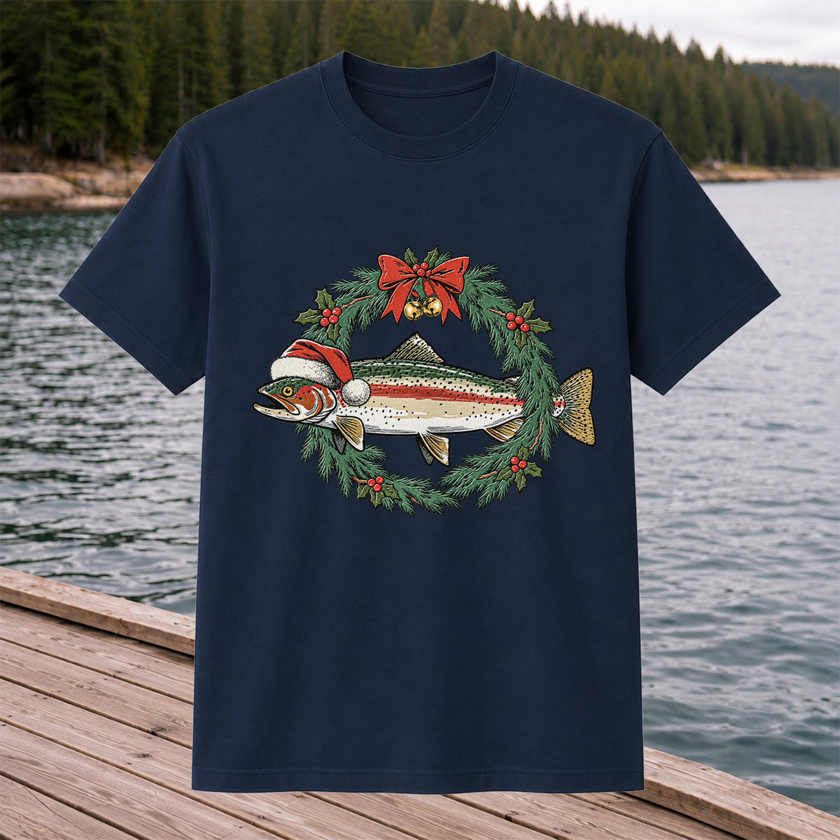 Christmas Trout Wreath Fishing Graphic T-Shirt