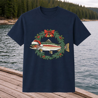 Christmas Trout Wreath Fishing Graphic T-Shirt