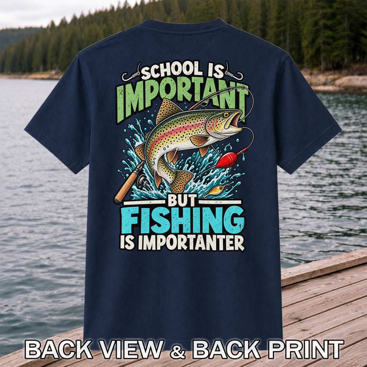School Is Important But Fishing Is Importanter Rainbow Trout T-Shirt | Back Print