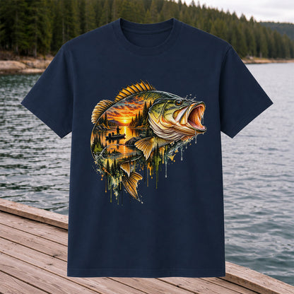 Largemouth Bass Sunset Lake Landscape Fishing Graphic T-Shirt