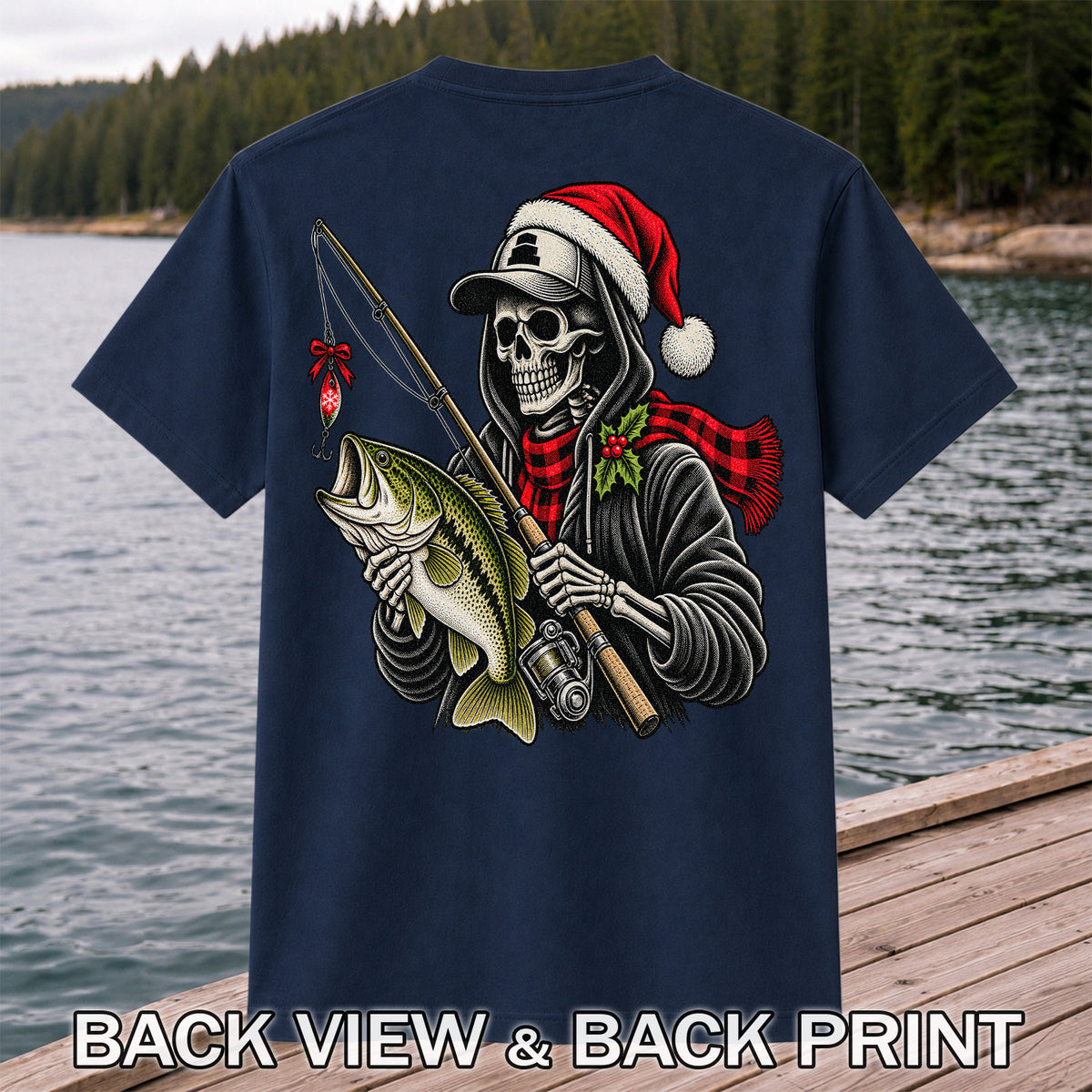 Christmas Skeleton Angler with Santa Hat and Bass Fishing T-Shirt | Back Print