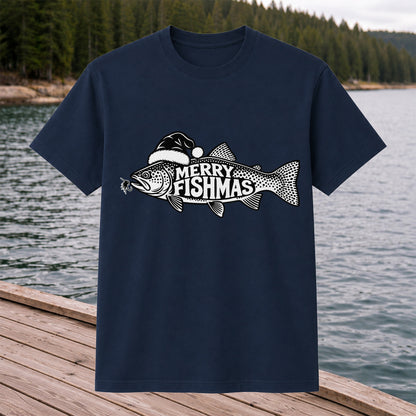Merry Fishmas Black and White Trout Christmas Fishing T-Shirt