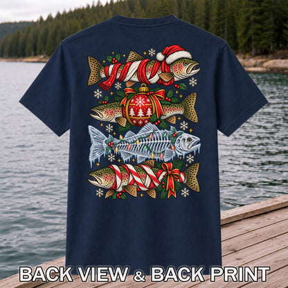 Christmas Rainbow Trout and Fish Skeleton Fishing Graphic T-Shirt | Back Print