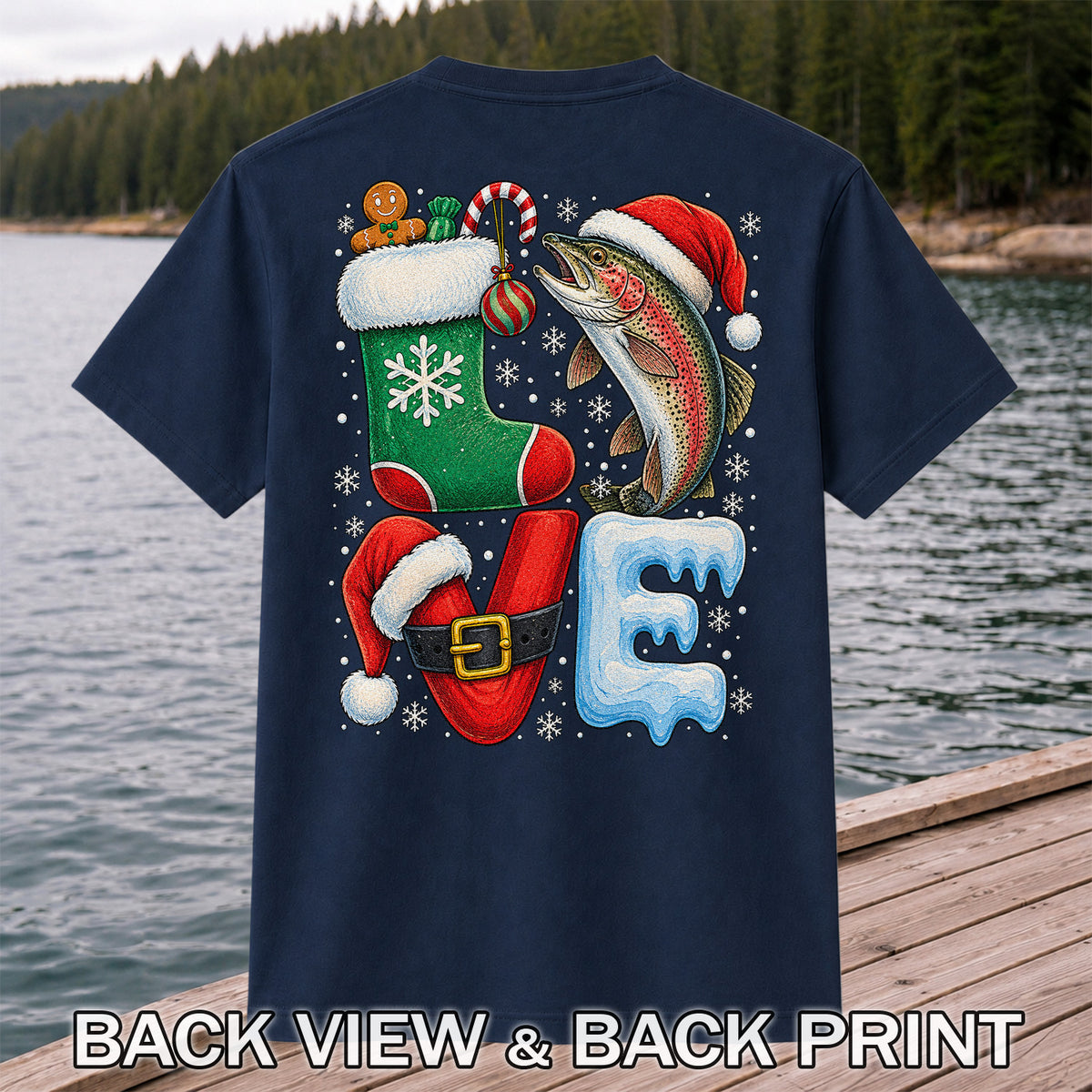 LOVE Christmas Rainbow Trout Fishing Graphic T-Shirt | Back Print