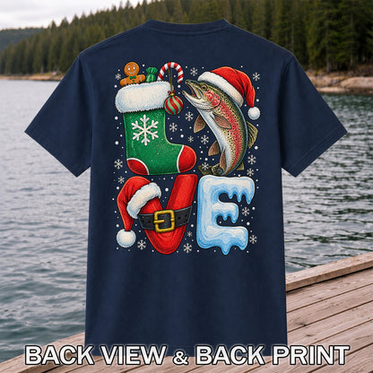 LOVE Christmas Rainbow Trout Fishing Graphic T-Shirt | Back Print