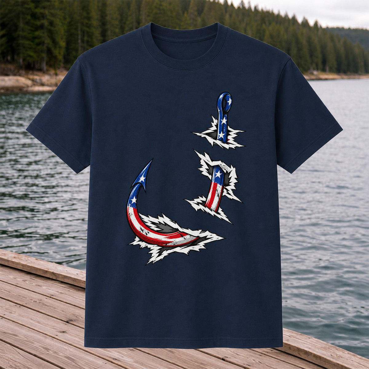Patriotic American Flag Fishing Hooks Graphic T-Shirt