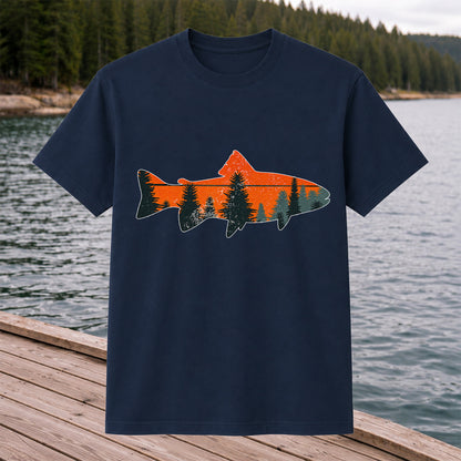 Trout with Mountain Sunset and Pine Forest Fishing Graphic T-Shirt