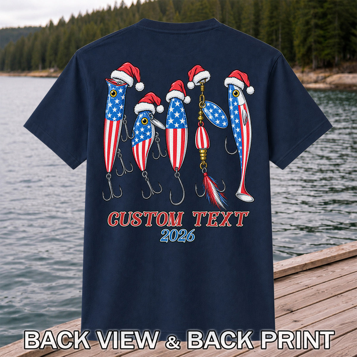 Personalized Patriotic Christmas Fishing Lures T-Shirt | Back Print
