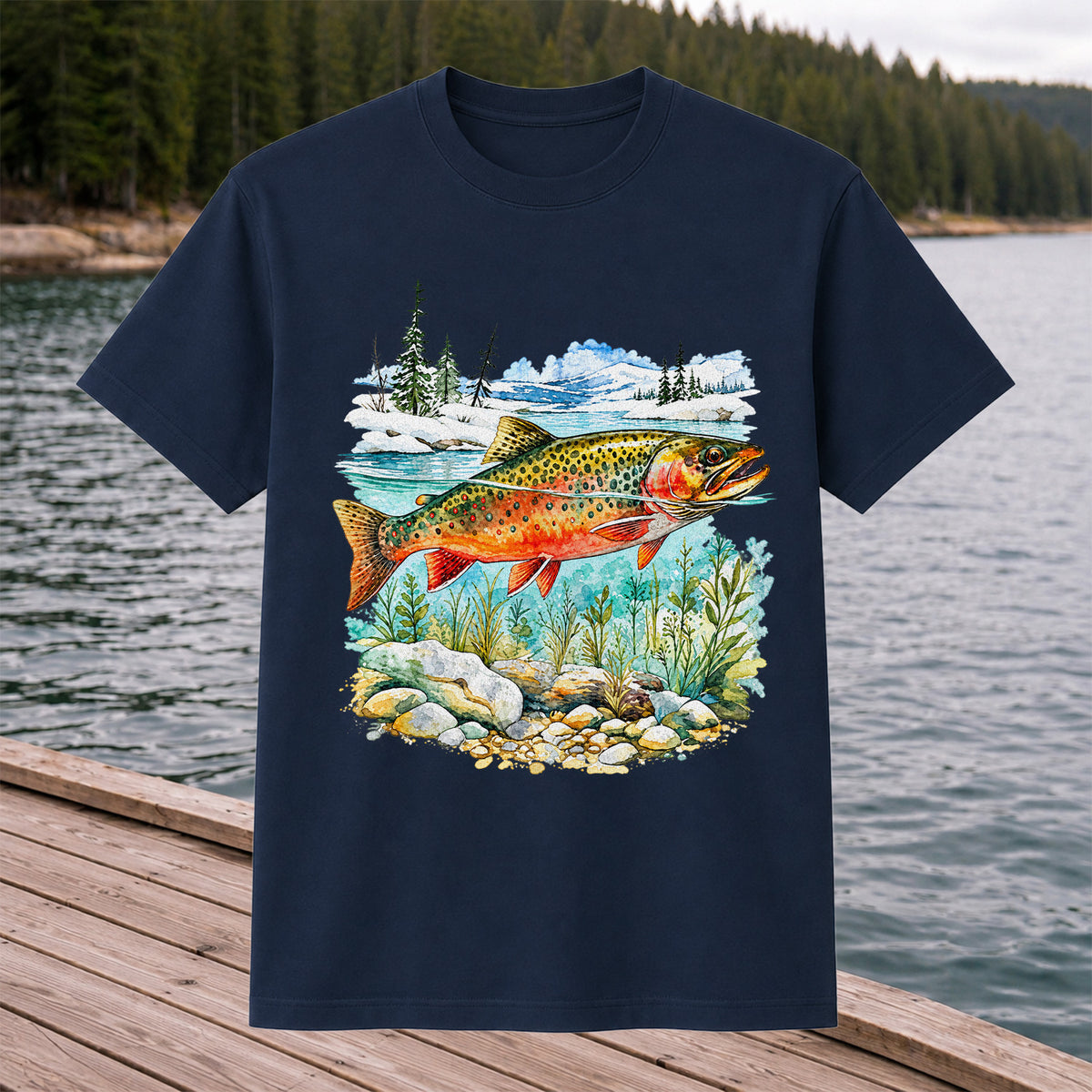 Brown Trout in Mountain River Watercolor Fishing Graphic T-Shirt