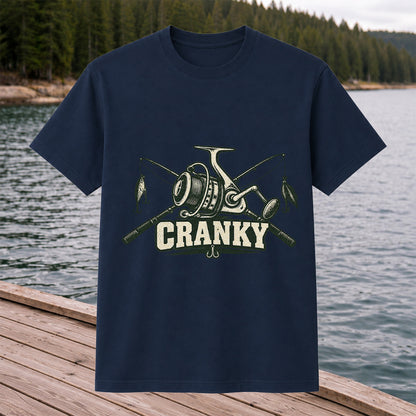 Cranky Fishing Reel and Crossed Rods Graphic T-Shirt