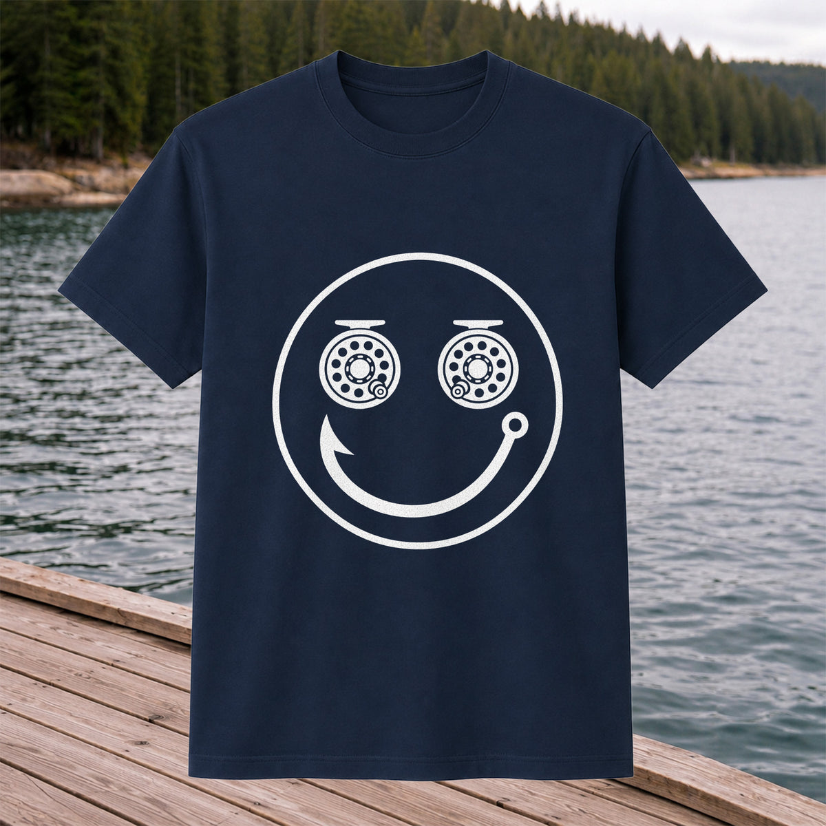 Fishing Reel Eyes Smiley Face Minimalist Graphic T-Shirt