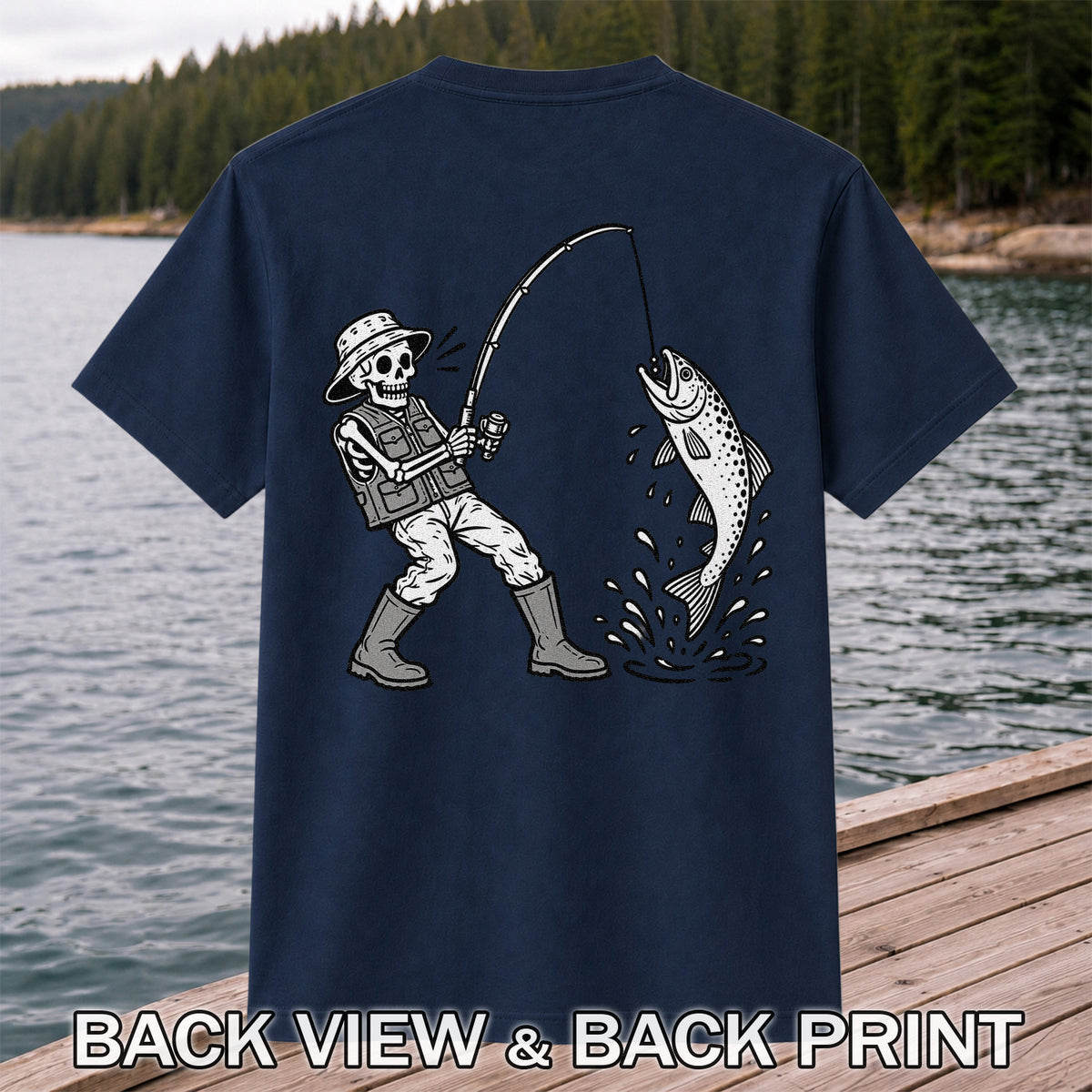 Skeleton Angler Catching a Leaping Trout Fishing Graphic T-Shirt | Back Print