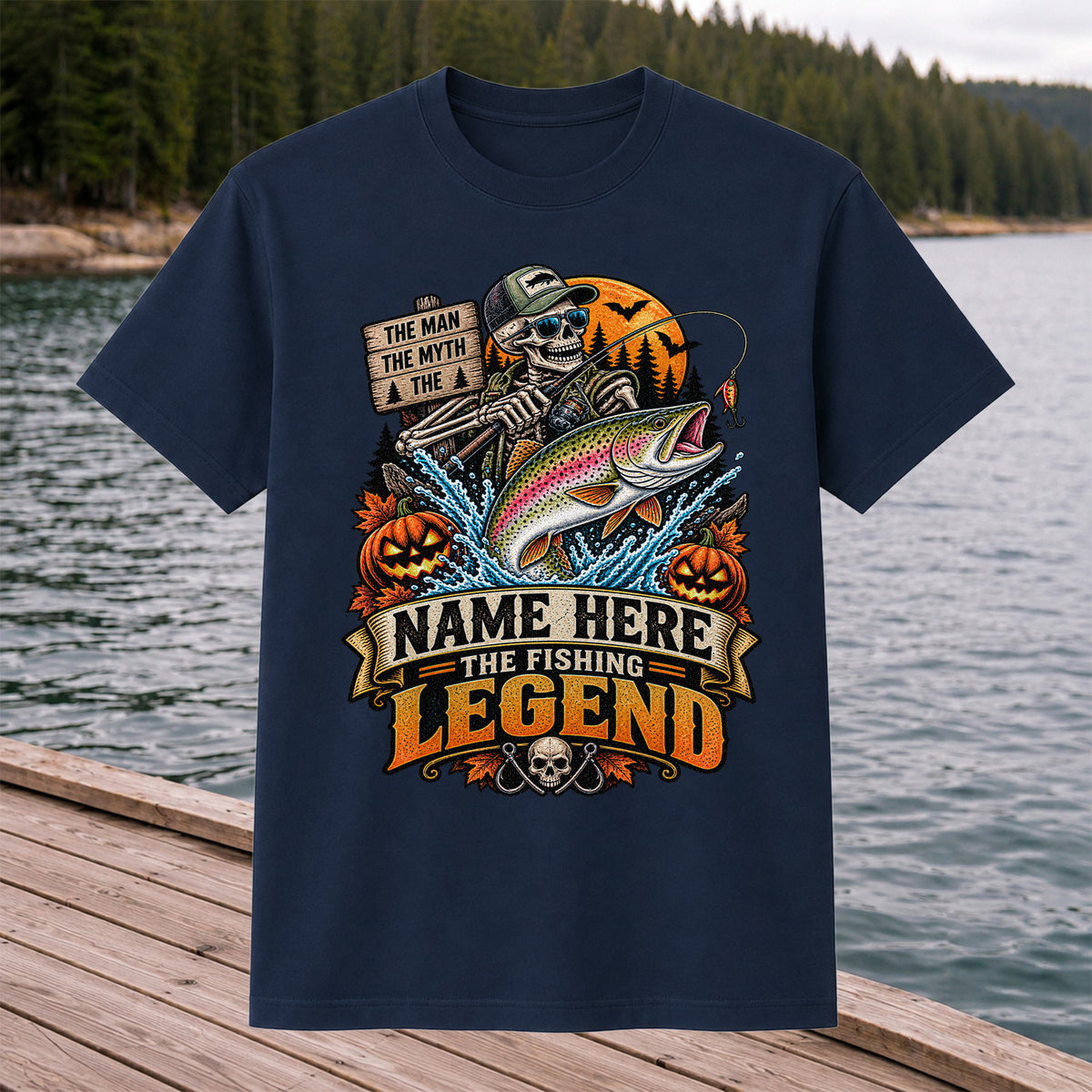 The Man The Myth The Fishing Legend Name Here Halloween Skeleton Rainbow Trout T-Shirt