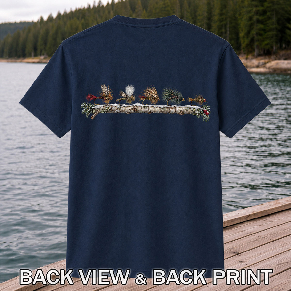Christmas Fly Fishing Flies on Evergreen Branch Graphic T-Shirt | Back Print