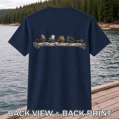 Christmas Fly Fishing Flies on Evergreen Branch Graphic T-Shirt | Back Print