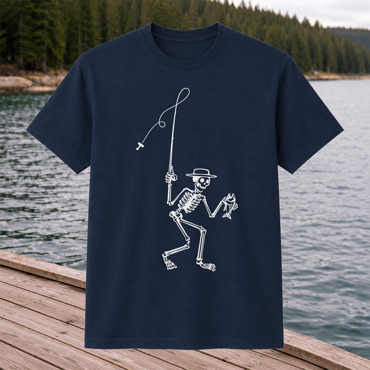 Skeleton Angler Holding a Fish Line Art Fishing T-Shirt