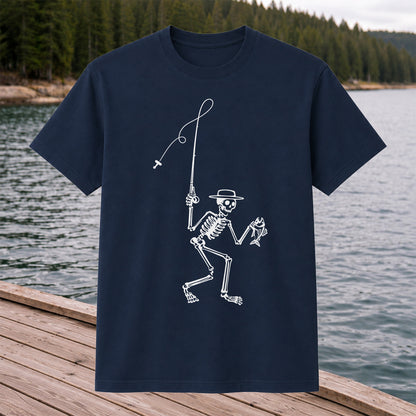 Skeleton Angler Holding a Fish Line Art Fishing T-Shirt