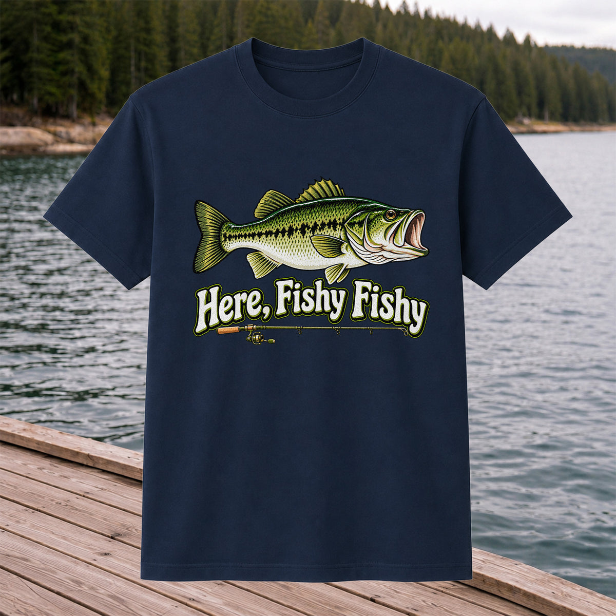 Here Fishy Fishy Funny Largemouth Bass Fishing Graphic T-Shirt
