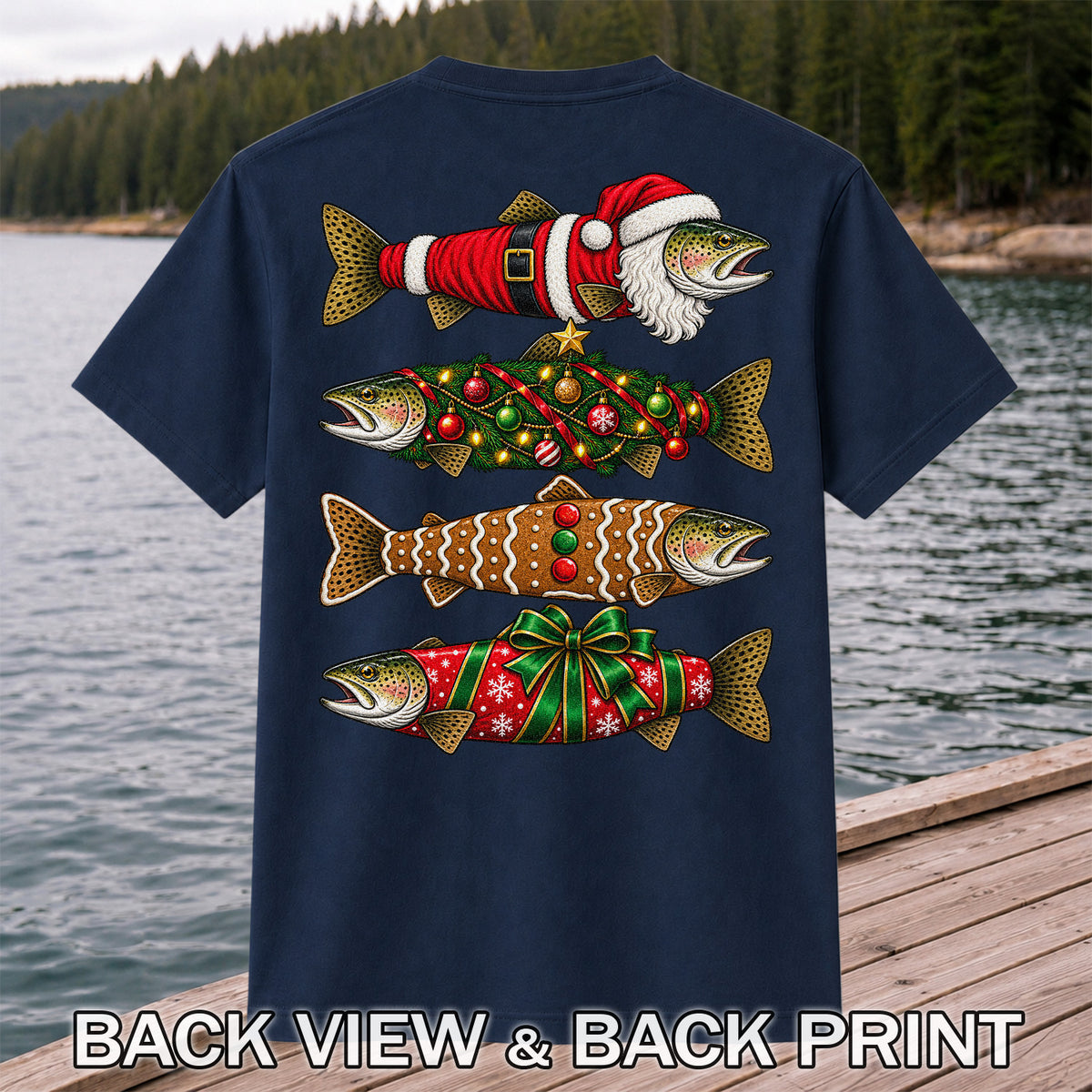 Festive Christmas Trout Santa and Gingerbread Fishing T-Shirt | Back Print