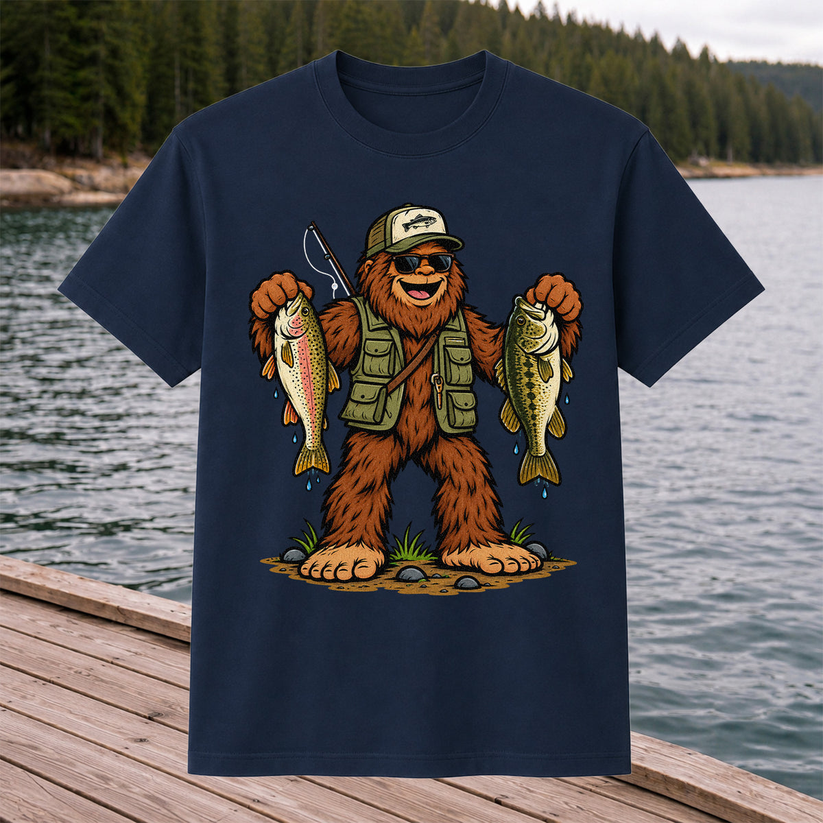 Bigfoot Holding Rainbow Trout and Bass Fishing Graphic T-Shirt