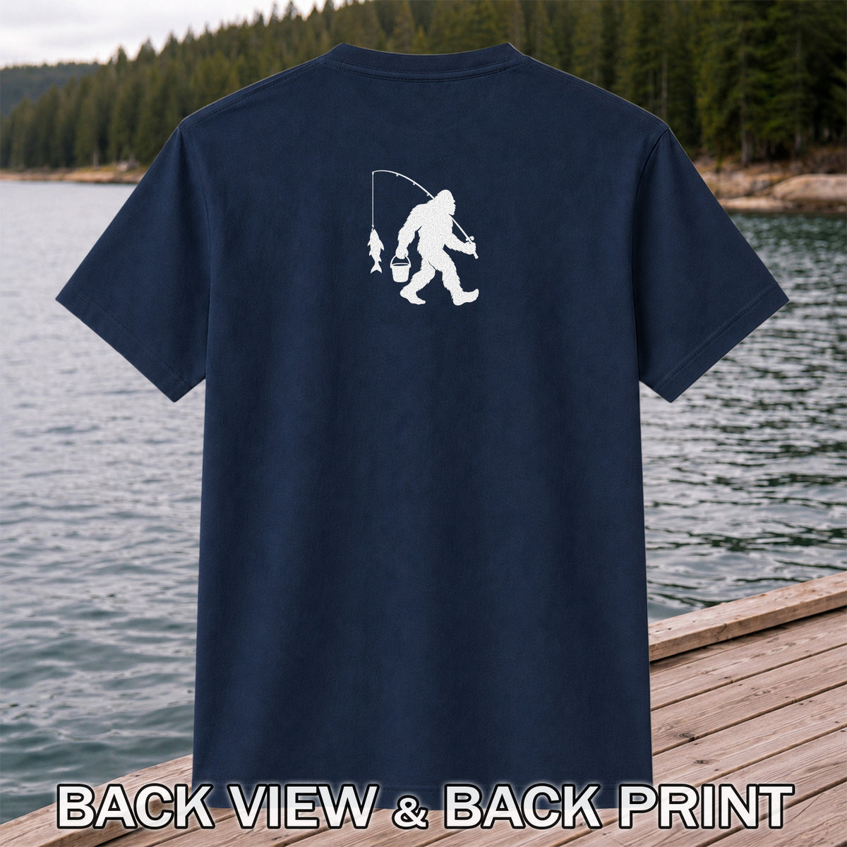 Fishing Silhouette with Catch and Bucket Graphic T-Shirt | Back Print