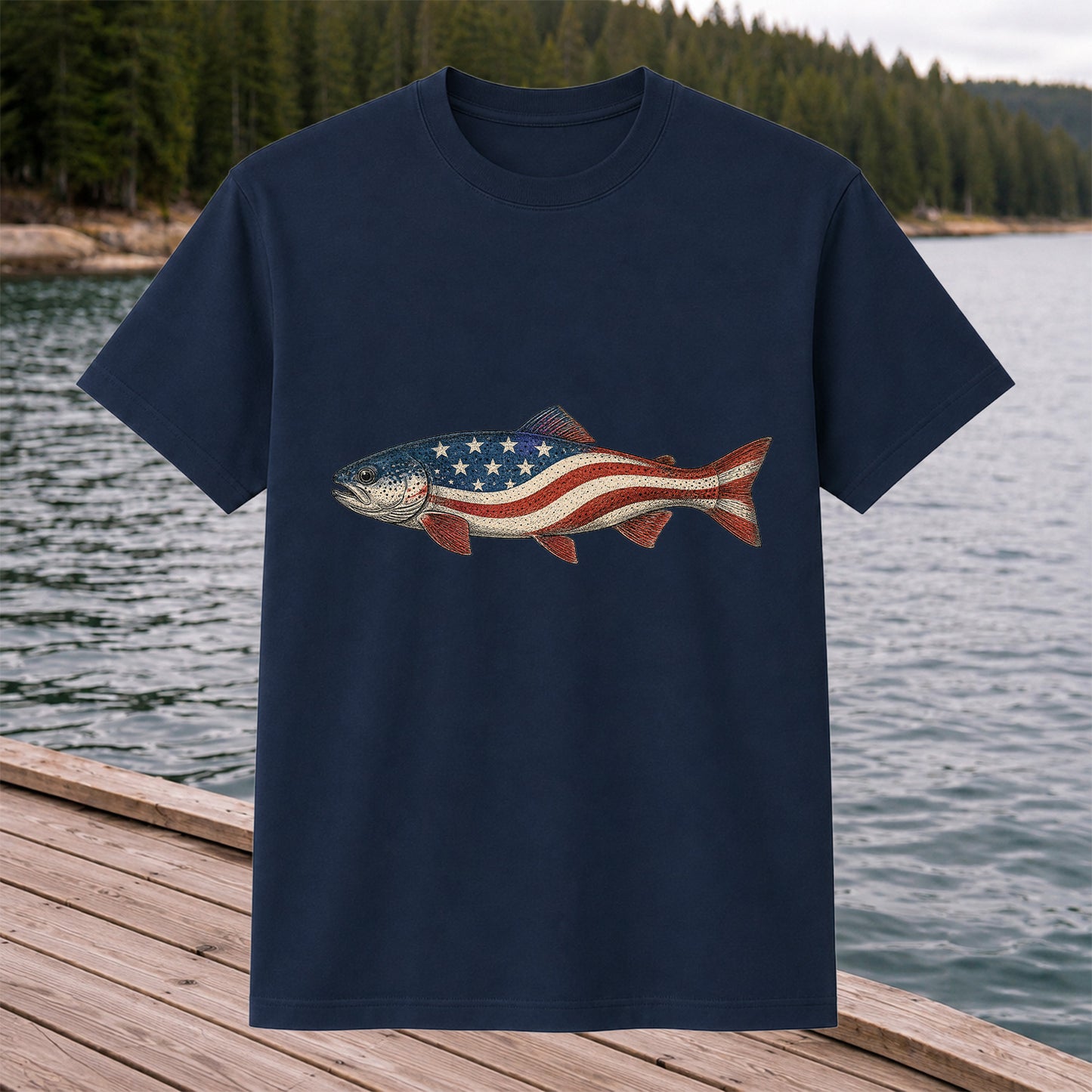 American Flag Trout Patriotic Fishing Graphic T-Shirt