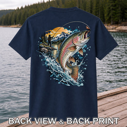 Leaping Rainbow Trout Mountain River Fly Fishing Graphic T-Shirt | Back Print