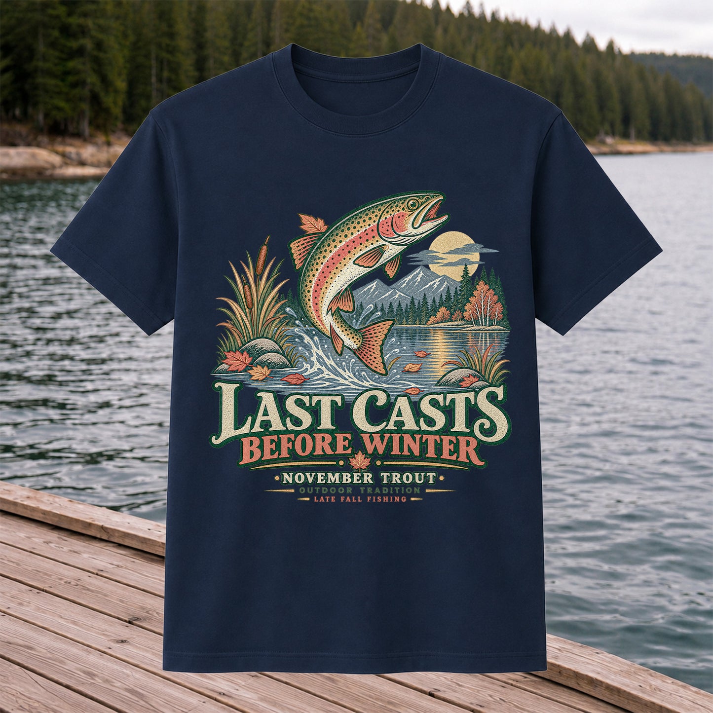 Last Casts Before Winter November Rainbow Trout Fishing Graphic T-Shirt