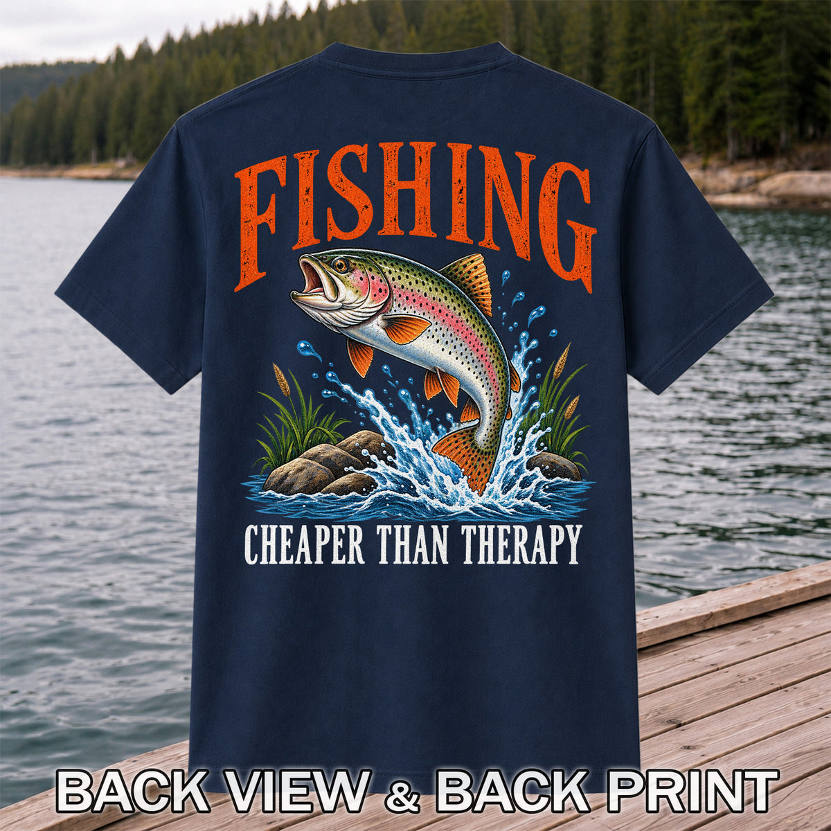 Fishing Cheaper Than Therapy Rainbow Trout Funny T-Shirt | Back Print