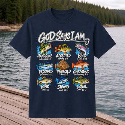 God Says I Am Christian Fish and Bible Verse Fishing Graphic T-Shirt