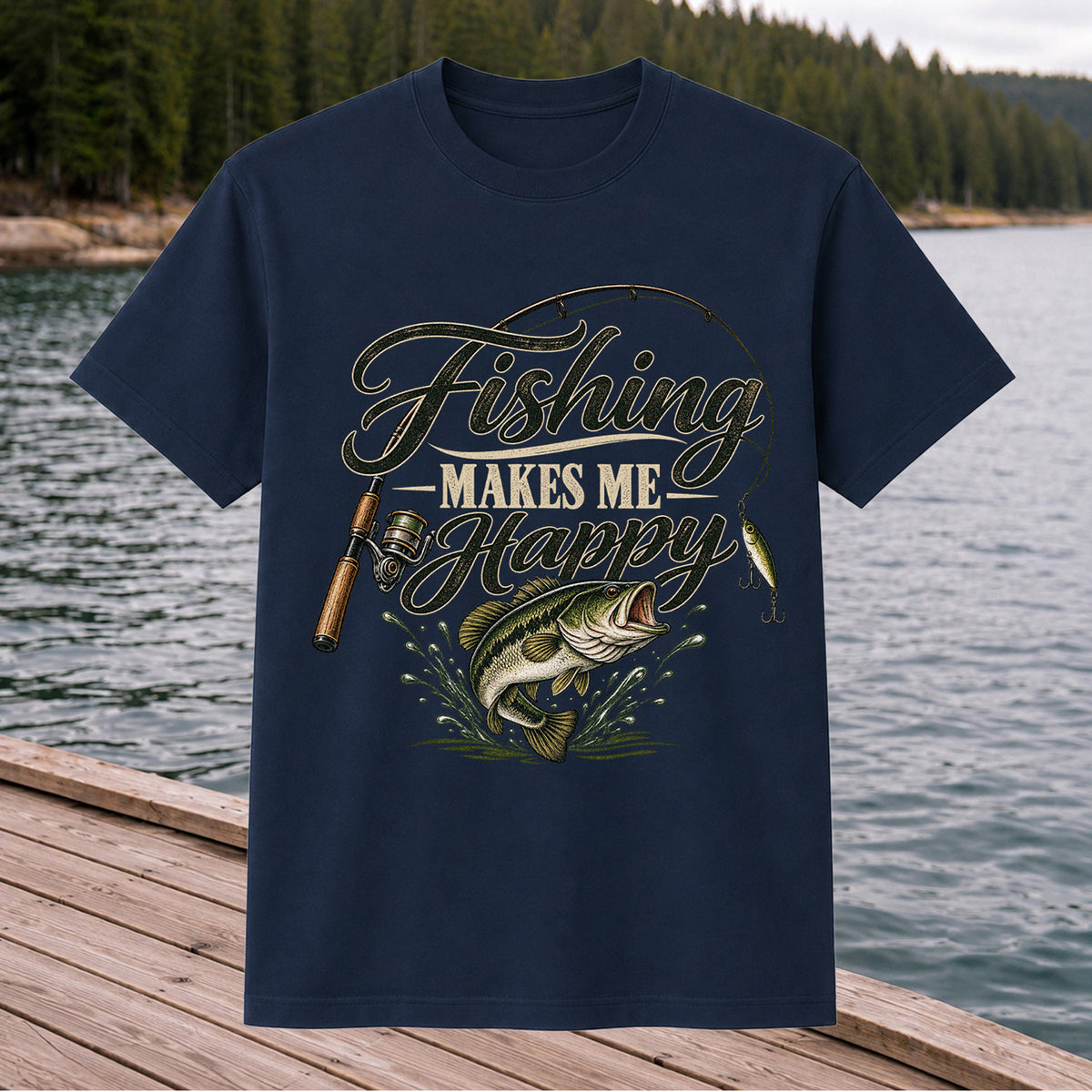 Fishing Makes Me Happy Bass Fishing Graphic T-Shirt