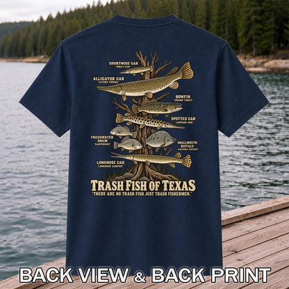 Trash Fish of Texas Gar and Freshwater Fish Graphic T-Shirt | Back Print