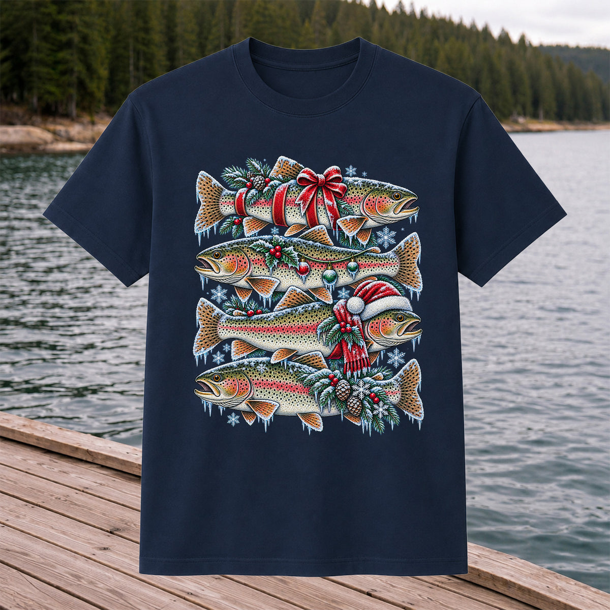 Festive Rainbow Trout Christmas Fishing Graphic T-Shirt
