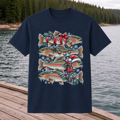 Festive Rainbow Trout Christmas Fishing Graphic T-Shirt