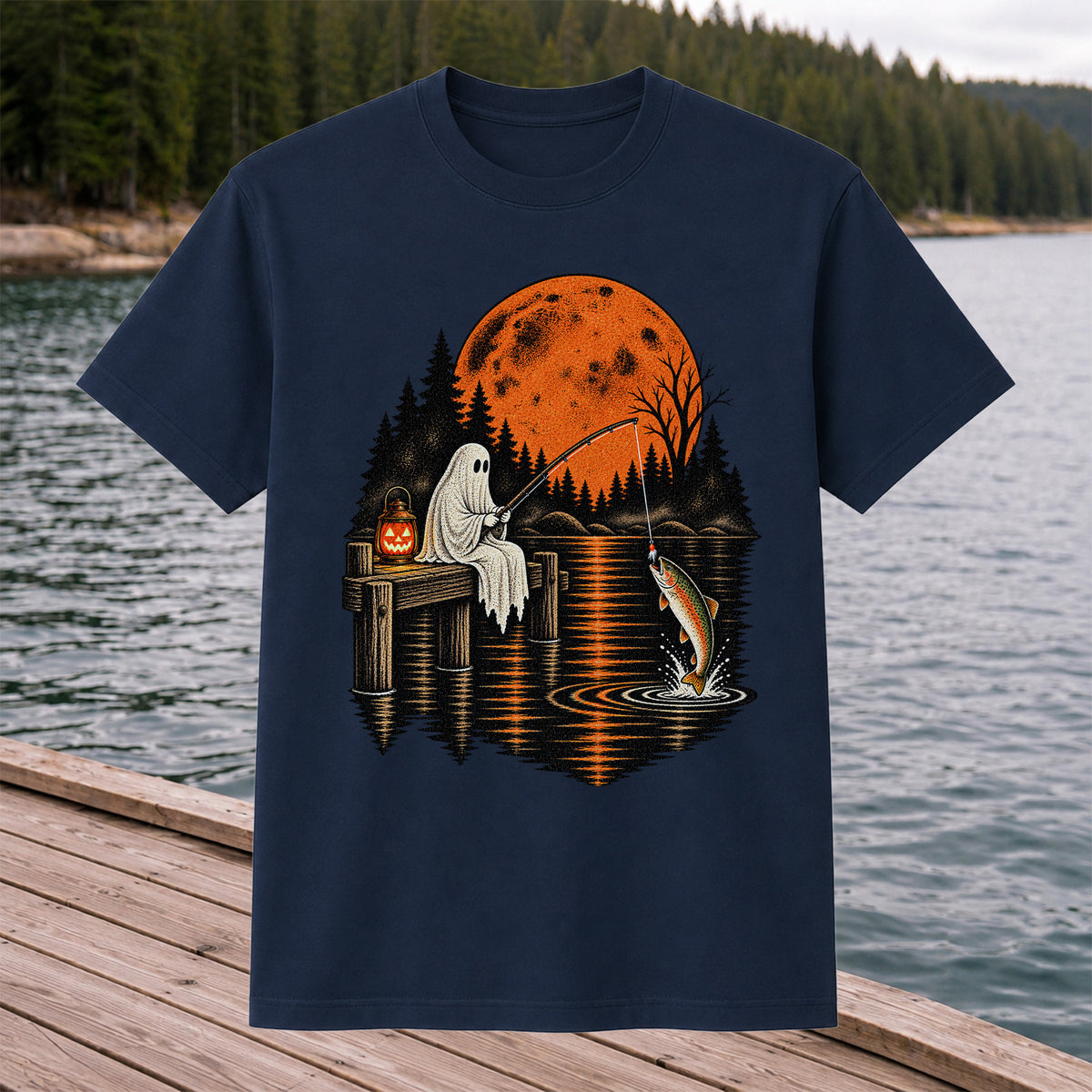 Ghost Fishing for Rainbow Trout Under an Orange Moon Halloween T-Shirt