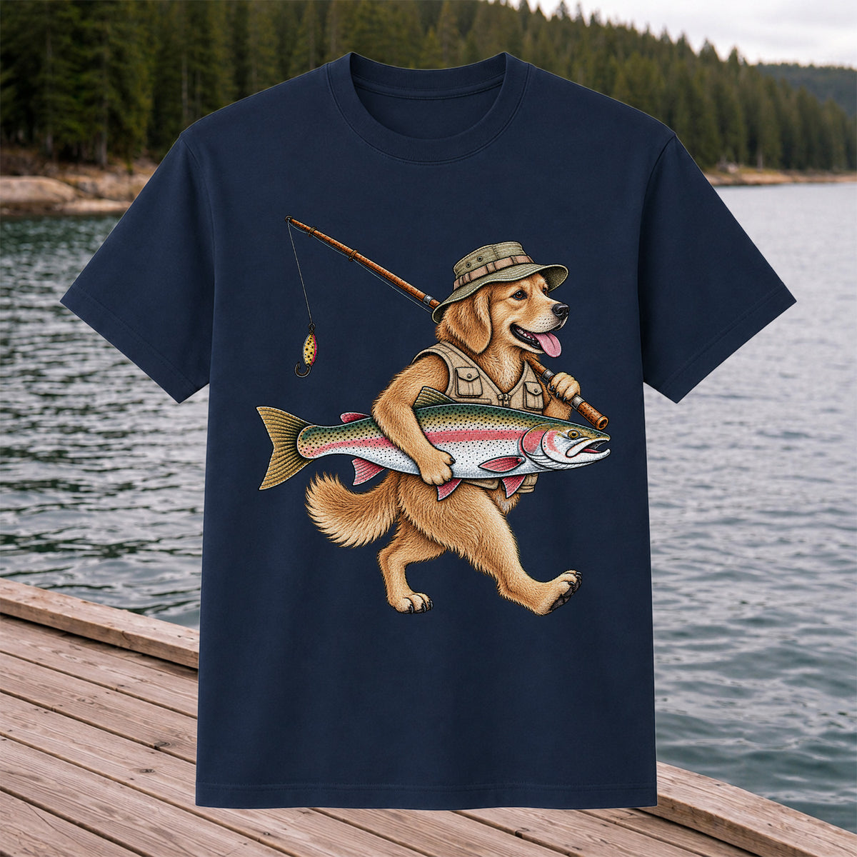 Golden Retriever Holding Rainbow Trout Fishing Graphic T-Shirt