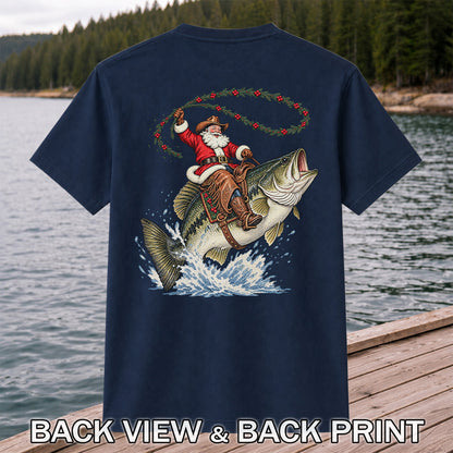 Cowboy Santa Riding a Jumping Bass Christmas Fishing Graphic T-Shirt | Back Print