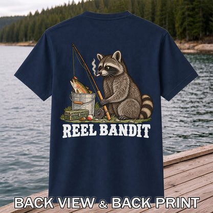 Reel Bandit Smoking Raccoon with Fishing Rod Funny T-Shirt | Back Print