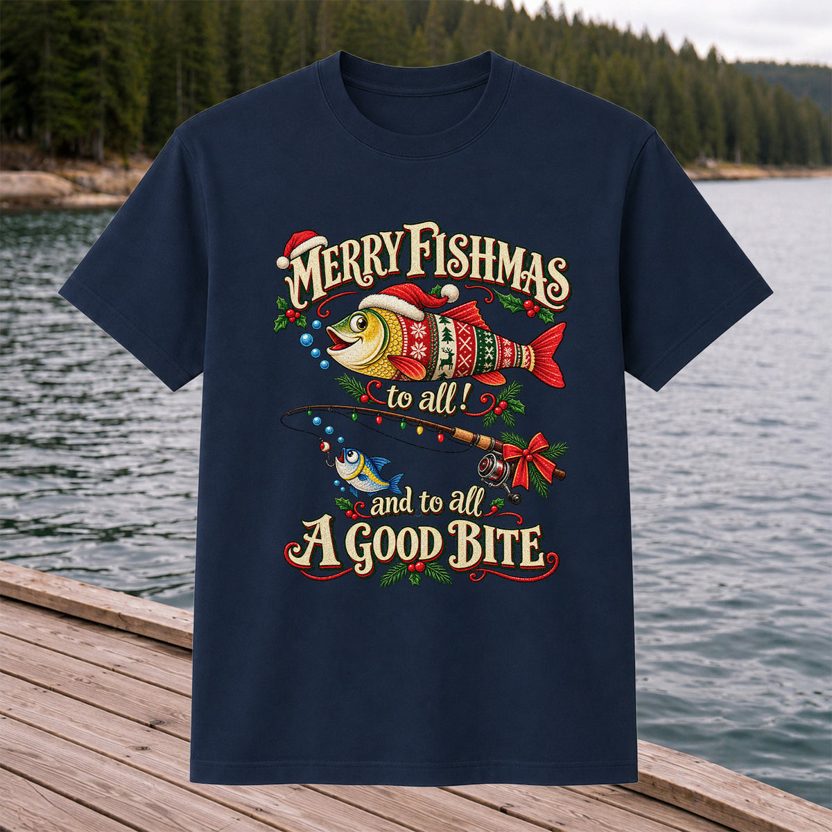 Merry Fishmas to All and to All a Good Bite Christmas Fishing T-Shirt