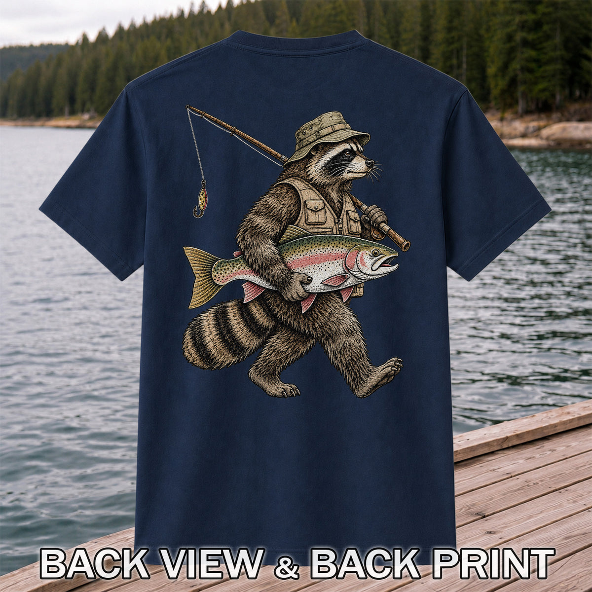 Raccoon Angler Carrying Rainbow Trout and Fishing Rod Graphic T-Shirt | Back Print