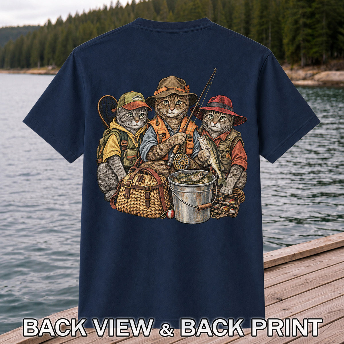 Three Fishing Cats with Rod and Catch Vintage Graphic T-Shirt | Back Print