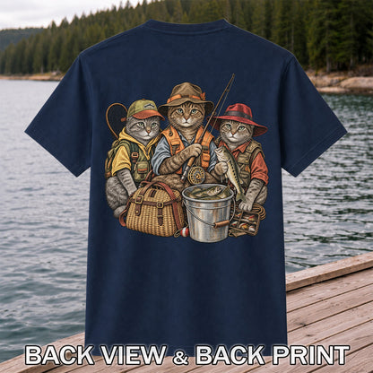 Three Fishing Cats with Rod and Catch Vintage Graphic T-Shirt | Back Print