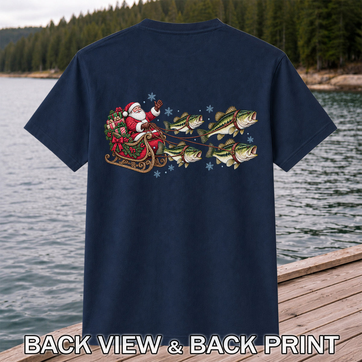 Santa in a Sleigh Pulled by Bass Christmas Fishing Graphic T-Shirt | Back Print