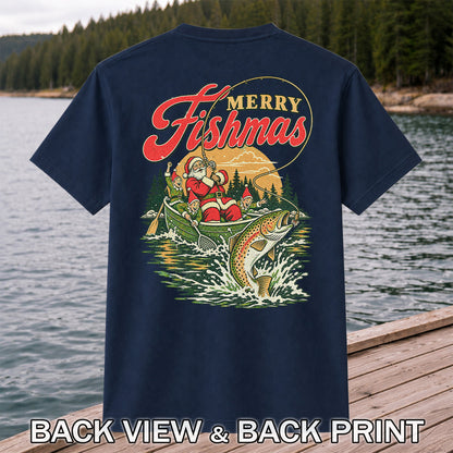 Merry Fishmas Santa and Elves Trout Fishing Christmas T-Shirt | Back Print