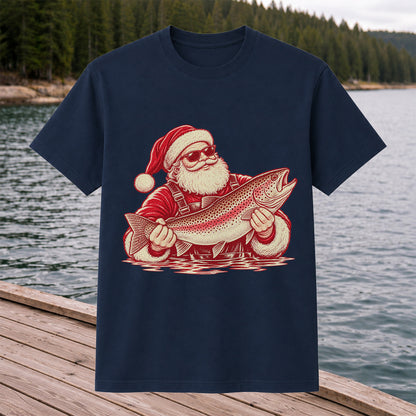 Santa Holding Trout Christmas Fishing Graphic T-Shirt